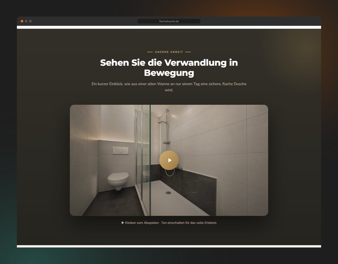 Die Website flachedusche.de mit Video- und Vorher-Nachher-Bereich
